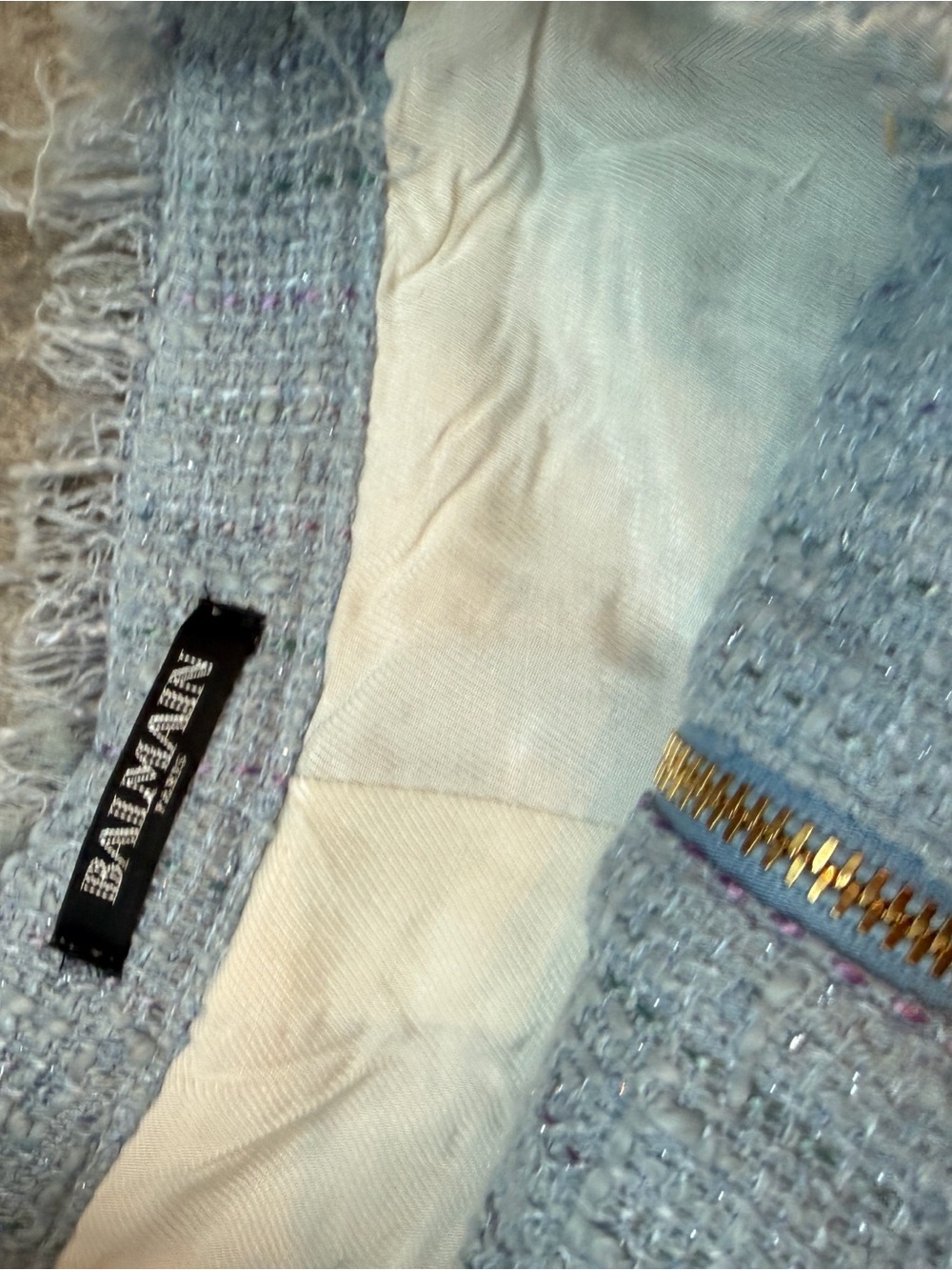 Balmain Light Blue Tweed High-Waist Shorts with Gold Buttons - Picture 6 of 8